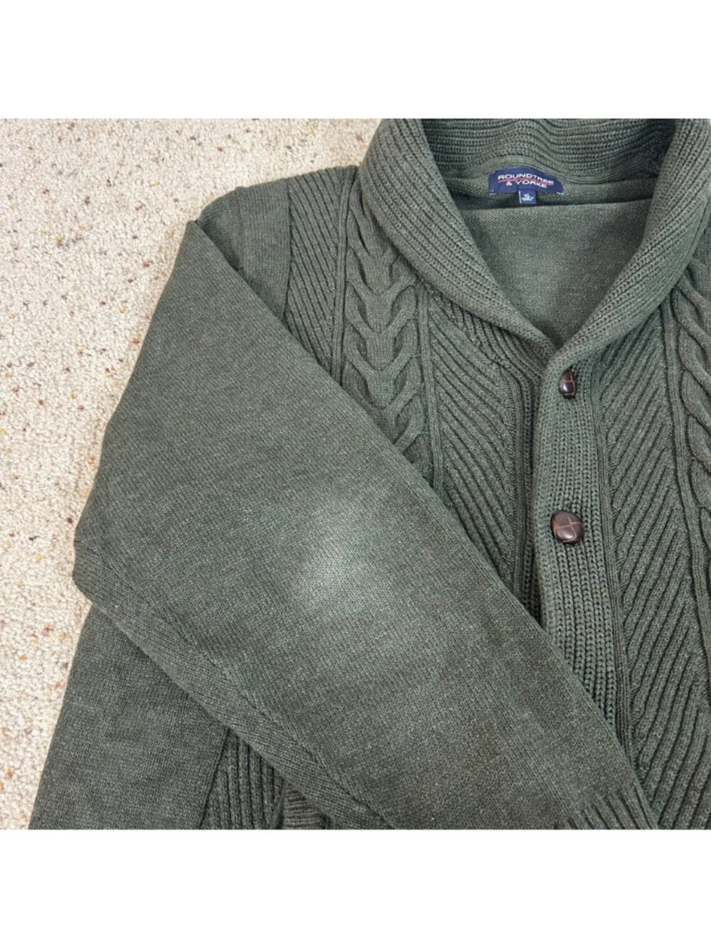 Men's Chunky Cable Knit Cardigan Sweater Green Shawl Collar Size XL - Picture 4 of 5